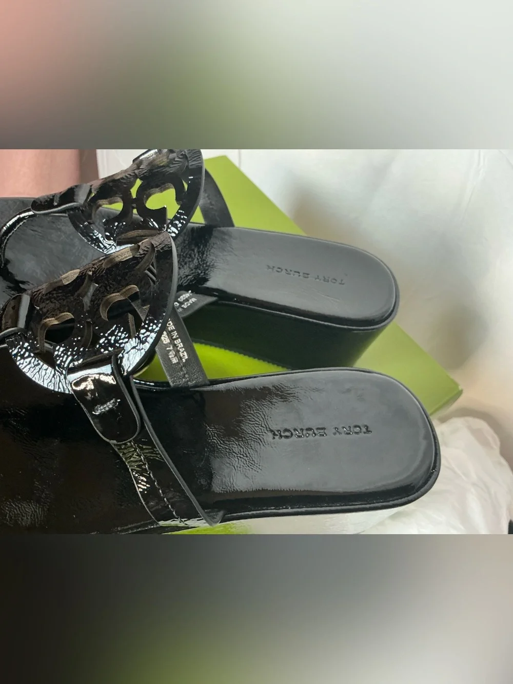 Tory Burch Black Patent Leather Wedge Sandals